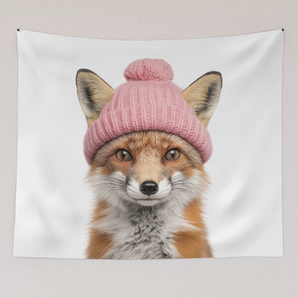 Item preview, Cozy Fox Wearing Pink Winter Hat Trendy Animal Fashion Artwork designed and sold by LazyOwlStore.