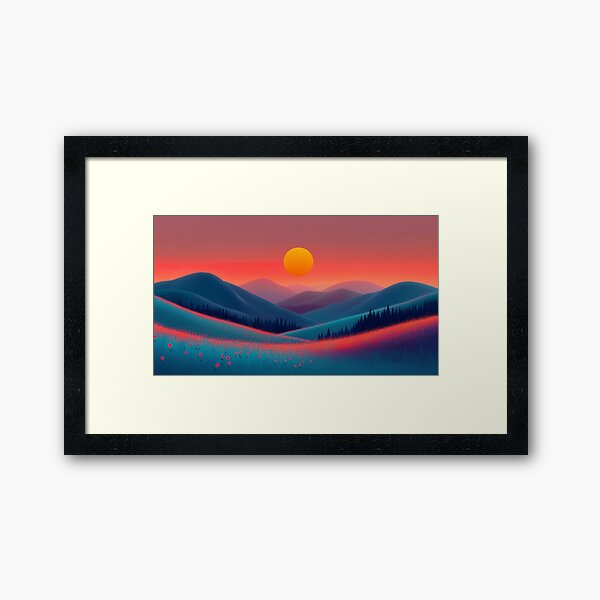 Vista previa del artículo con la obra «Atardecer surrealista sobre colinas floridas: un paisaje de ensueño con colores vibrantes», diseñado y vendido por Art of Ngu.