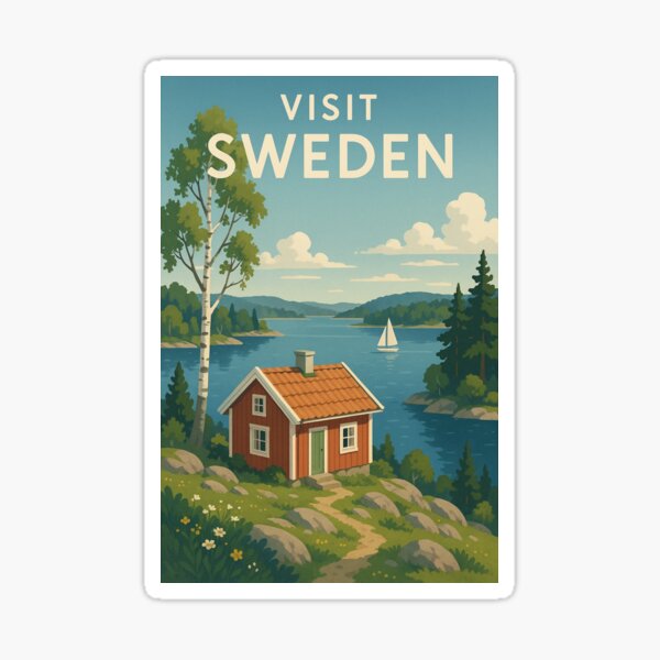 Item preview, Sweden Lakeside Cottage with Birch and Sailboat View designed and sold by Aryabek.