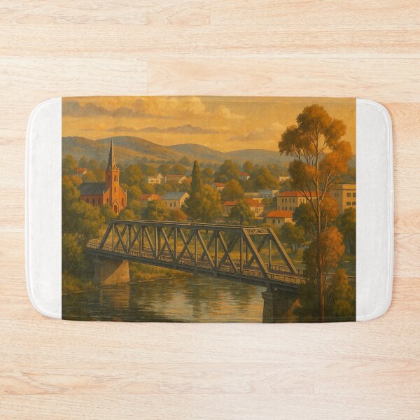 Item preview, Queanbeyan River with Steel Truss Bridge and Church designed and sold by Places On Earth.