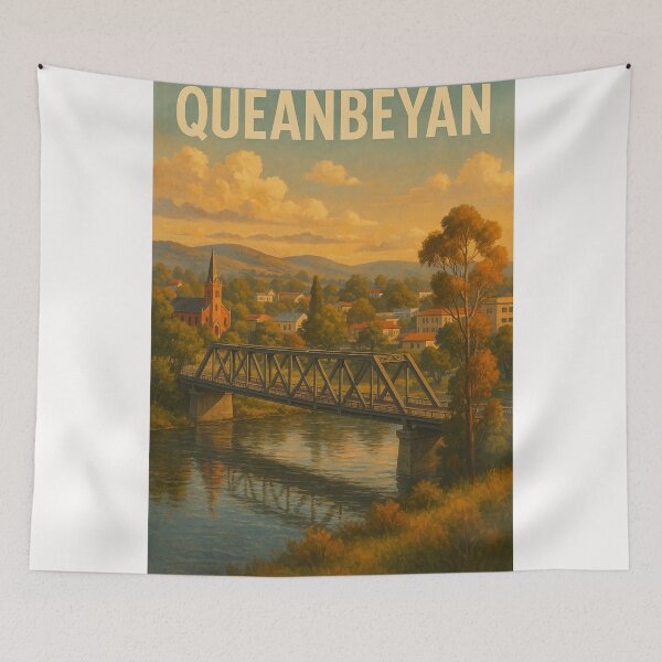 Item preview, Queanbeyan River with Steel Truss Bridge and Church designed and sold by Places On Earth.