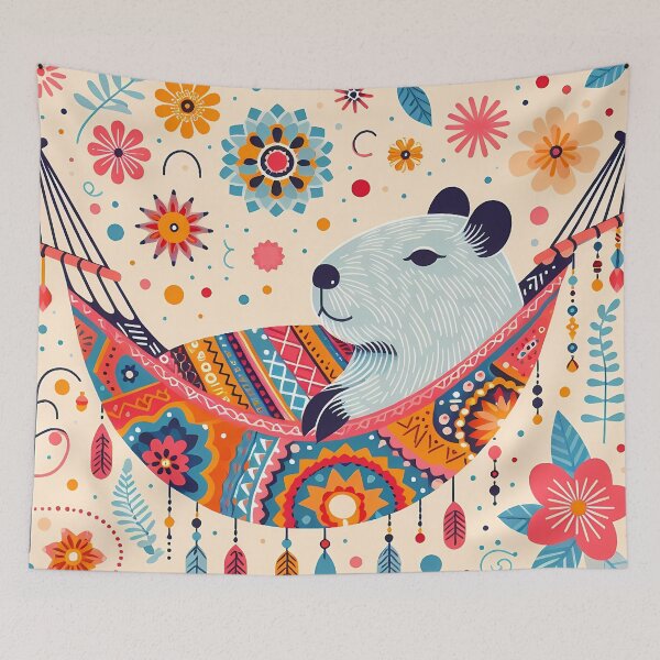 Item preview, Cute Capybara Relaxing in a Colourful Hammock by heidiannemorris © designed and sold by FOLK ART FUSION by heidiannemorris.