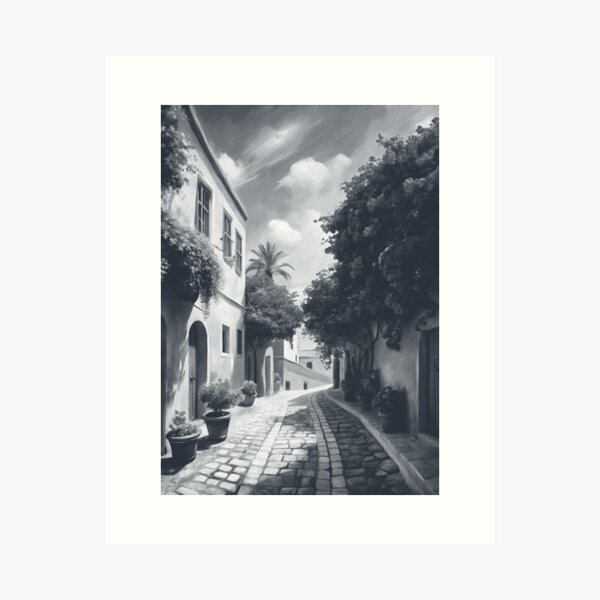 Item preview, Monochrome pixel art of a charming Mediterranean street designed and sold by Drawings Project.