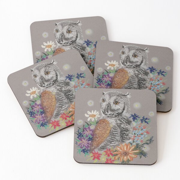 Item preview, Whimsical Owl with Flowers and Fireflies Illustration designed and sold by SomeChicksArt.