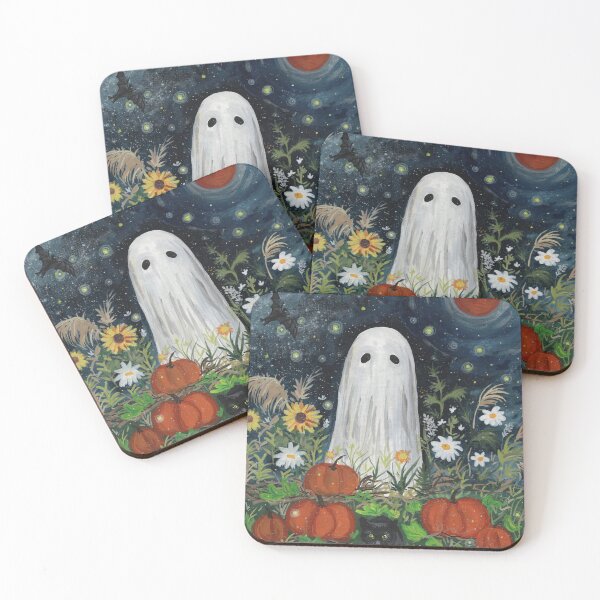 Item preview, Ghost in Pumpkin Patch with Black Cat Gouache Painting designed and sold by SomeChicksArt.