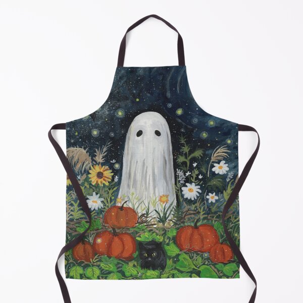 Item preview, Ghost in Pumpkin Patch with Black Cat Gouache Painting designed and sold by SomeChicksArt.