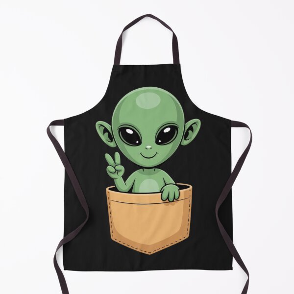 Item preview, cute green alien character with big black eyes, making a peace sign, sitting inside a front shirt pocket designed and sold by 123ks.