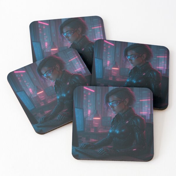 Item preview, Cyberpunk Woman at Office Desk – Futuristic Computer Work Scene designed and sold by NeonSpire.