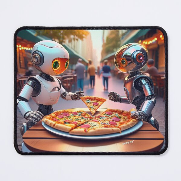 Item preview, Baby Robots Fighting Over Pizza at a Street Cafe - dePace' designed and sold by mrpropcake.