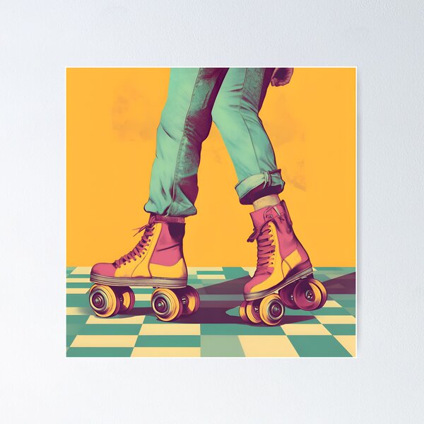 Item preview, Funky Vintage 80s Retro Roller Skates on Checkered Floor designed and sold by !Shirt Stains!.