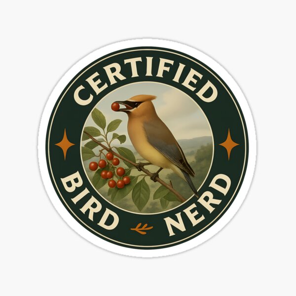 Artikel-Vorschau von Zertifizierter Vogel-Nerd – Zedernseidenschwanz-Abzeichen, designt und verkauft von Brainy Bird's Place.