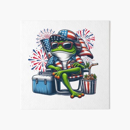 Vista previa del artículo con la obra «"Patriotic Chill Frog" "4th of July Frog Vibes" "Stars & Stripes Frog" "Cool Independence Day Frog" "Merica Frog" "Frog Celebrating 4th of July" "American Frog in Lounge Chair" "Frog with Fireworks" "Red White & Blue Frog"», diseñado y vendido por Retro80sMania.