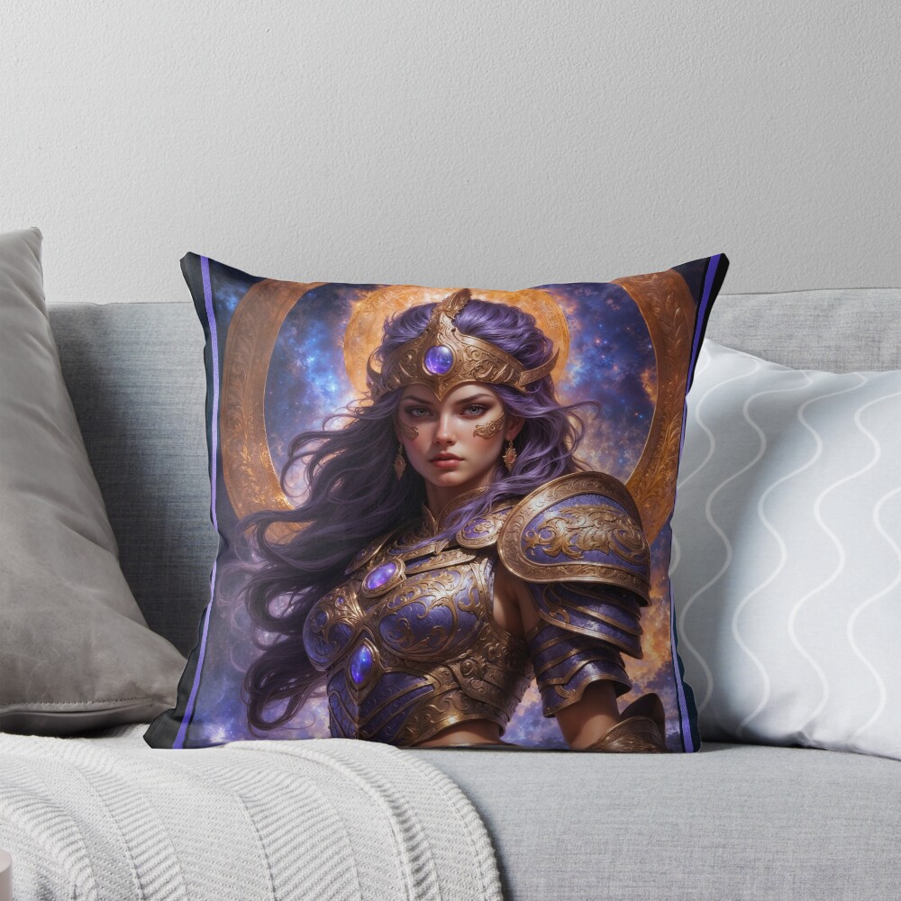 The Ethereal Beauty Of The Cosmic Guardian Lyrianne Thais Mesmerizing AI Concept Art by Xzendor7 Decorative Art Print Throw Pillow