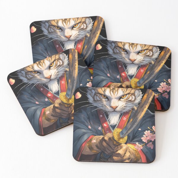 Item preview, Animal Samurai Golden-Eyed Cat Warrior Dark Robes Sakura Blossoms Falling designed and sold by mildaclairmo.