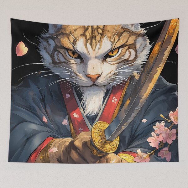 Item preview, Animal Samurai Golden-Eyed Cat Warrior Dark Robes Sakura Blossoms Falling designed and sold by mildaclairmo.