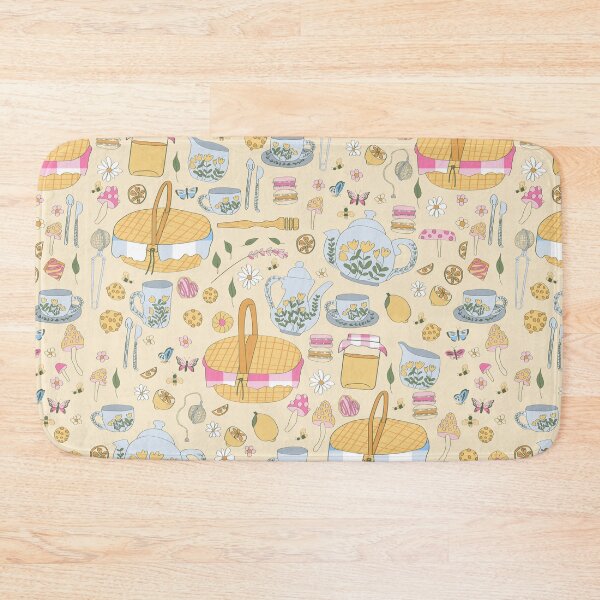 Item preview, cottagecore picnic tea party mushrooms yellow designed and sold by Gossip Rag.