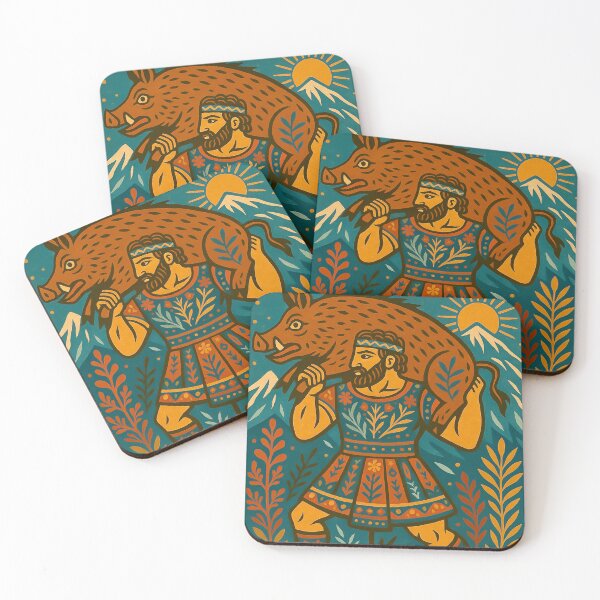 Item preview, Heracles Capturing the Erymanthian Boar – Retro Folk Art designed and sold by mythographiaart.