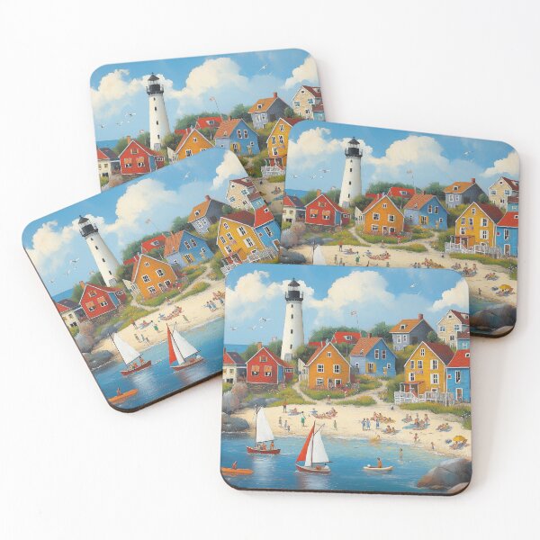 Item preview, Charming Coastal Village with Lighthouse – Colorful Summer Beach Art designed and sold by Art of Ngu.