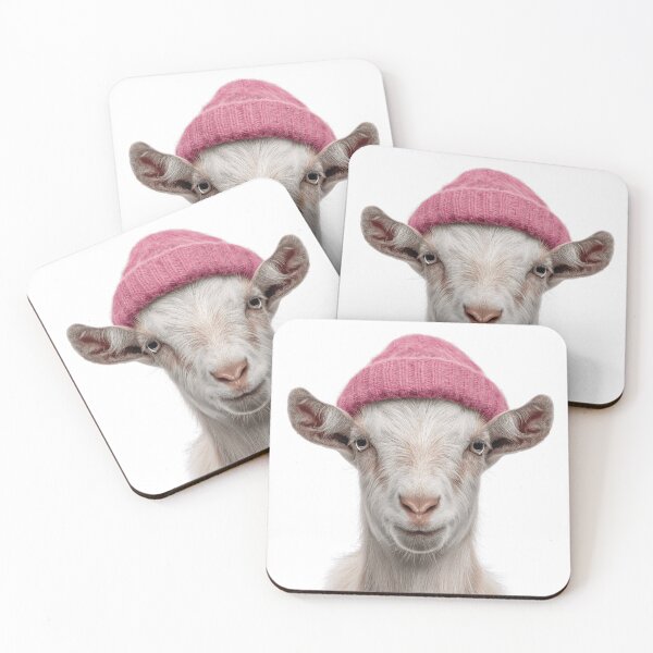 Item preview, Cozy Goat Wearing Pink Winter Hat Trendy Animal Fashion Artwork designed and sold by LazyOwlStore.
