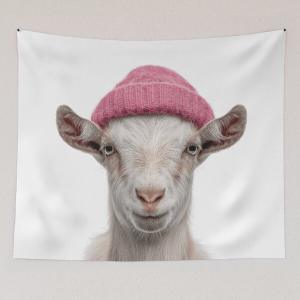 Item preview, Cozy Goat Wearing Pink Winter Hat Trendy Animal Fashion Artwork designed and sold by LazyOwlStore.