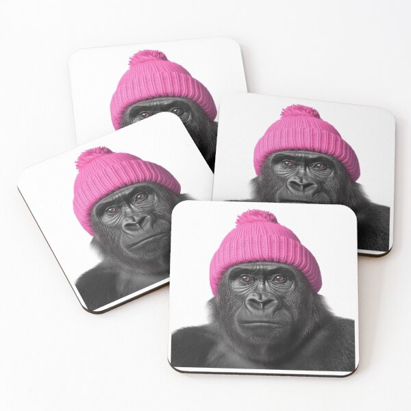 Item preview, Cozy Gorilla Wearing Pink Winter Hat Trendy Animal Fashion Artwork designed and sold by LazyOwlStore.