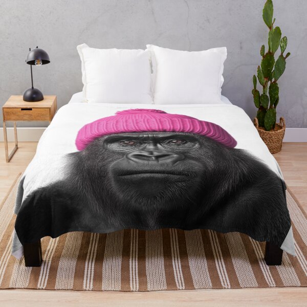 Item preview, Cozy Gorilla Wearing Pink Winter Hat Trendy Animal Fashion Artwork designed and sold by LazyOwlStore.