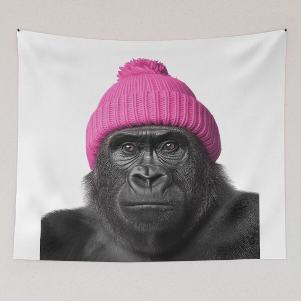 Item preview, Cozy Gorilla Wearing Pink Winter Hat Trendy Animal Fashion Artwork designed and sold by LazyOwlStore.