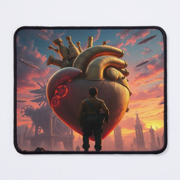 Item preview, Neon-kissed Steampunk Dream – Explorer in front of the colossal clockwork heart of a pulsating metropolis designed and sold by FotoworldEdel.