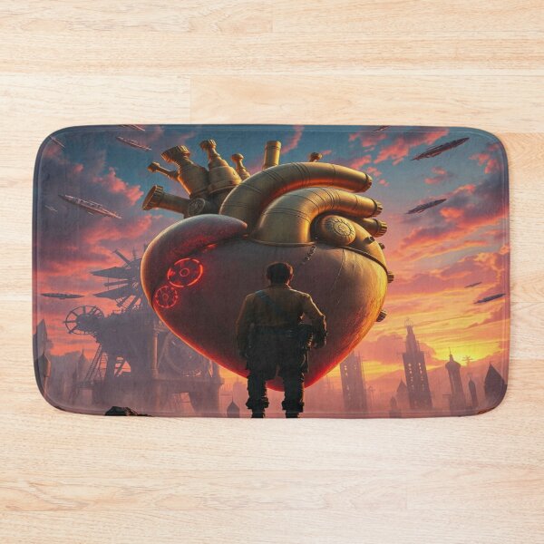 Item preview, Neon-kissed Steampunk Dream – Explorer in front of the colossal clockwork heart of a pulsating metropolis designed and sold by FotoworldEdel.