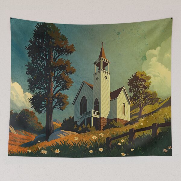 Item preview, Frontier Church at Sunrise – Vintage Western Travel Poster designed and sold by thaneydesign.