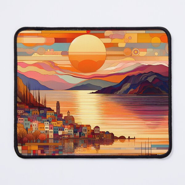 Item preview, Aegean Dawn | A Stylized Sunrise Over a Coastal Village designed and sold by Stoneflower-Art.