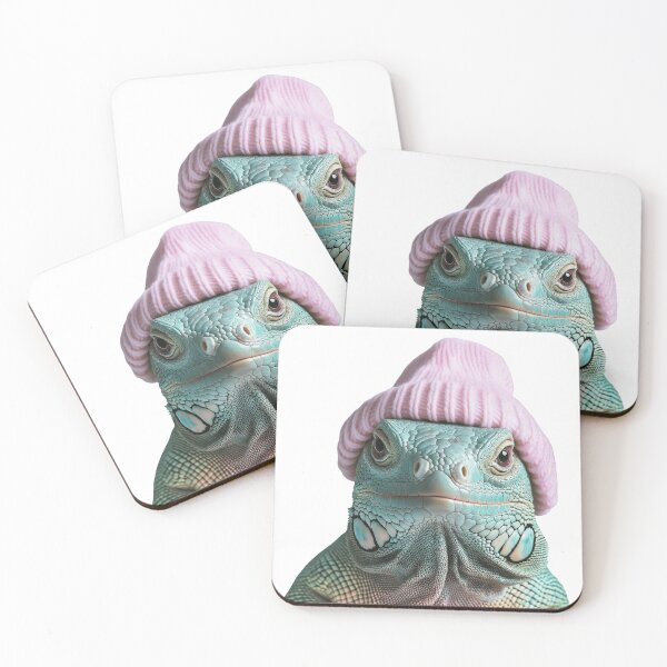 Item preview, Cozy Green Iguana Wearing Pink Winter Hat Trendy Animal Fashion Artwork designed and sold by LazyOwlStore.