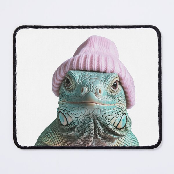 Item preview, Cozy Green Iguana Wearing Pink Winter Hat Trendy Animal Fashion Artwork designed and sold by LazyOwlStore.
