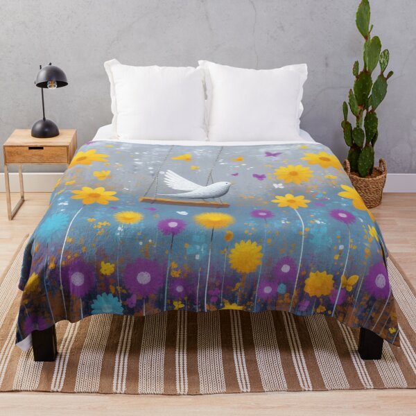 Item preview, Whimsical White Bird on Swing in Colorful Flower Field designed and sold by PaintbrushPlace.