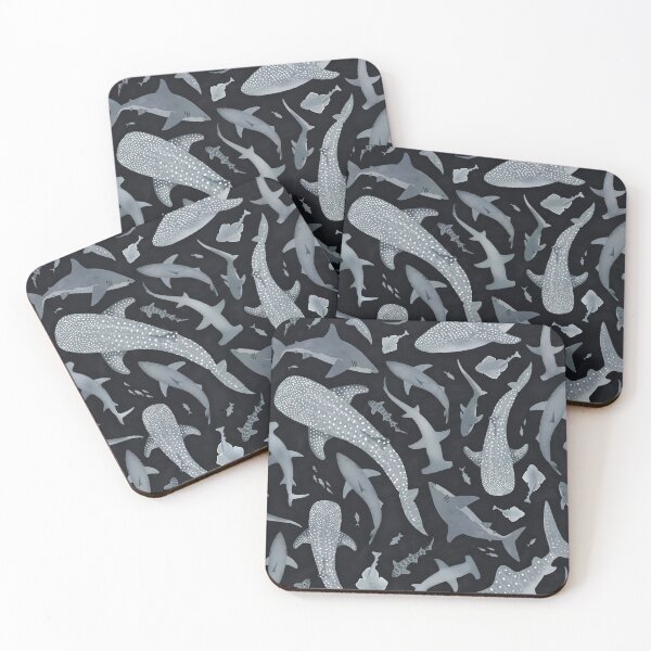 Item preview, Monochrome neutral grey watercolour shark ocean on very dark grey designed and sold by adenaJ.