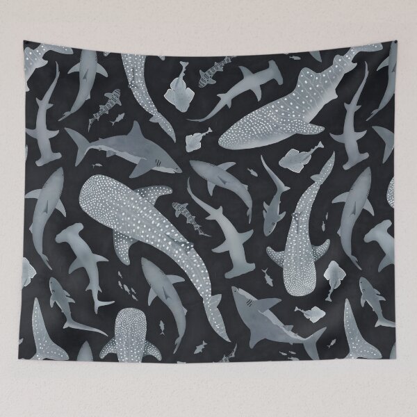Item preview, Monochrome neutral grey watercolour shark ocean on very dark grey designed and sold by adenaJ.