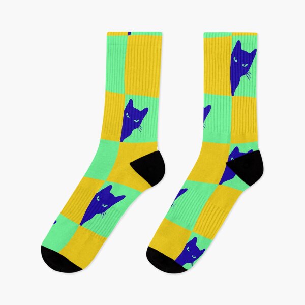 Item preview, Playful Checker board Cat Peeping Pattern 7 in Sunshine Yellow Fluorescent Green Sappine Blue designed and sold by nineFlorals.