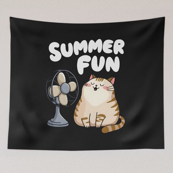 Item preview, Cute Summer Cat with Fan Funny Chubby Kitty Enjoying Summer Breeze designed and sold by ViktoonShirts.