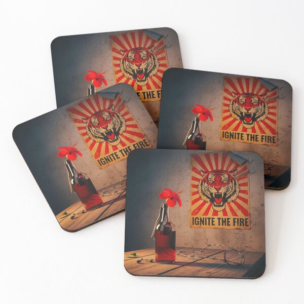 Item preview, Photorealistic still life artwork featuring a Molotov cocktail with a red flower in a rebel hideout, alongside a fierce tiger propaganda poster reading 'Ignite the Fire'. designed and sold by j-2k.