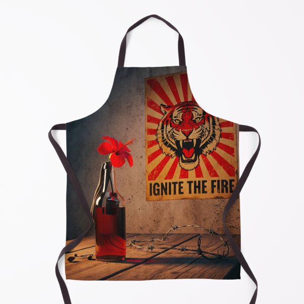 Item preview, Photorealistic still life artwork featuring a Molotov cocktail with a red flower in a rebel hideout, alongside a fierce tiger propaganda poster reading 'Ignite the Fire'. designed and sold by j-2k.