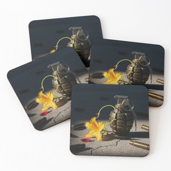 Item preview, Symbolic photorealistic still life of a grenade and a delicate yellow flower, representing the duality of beauty and danger. designed and sold by j-2k.