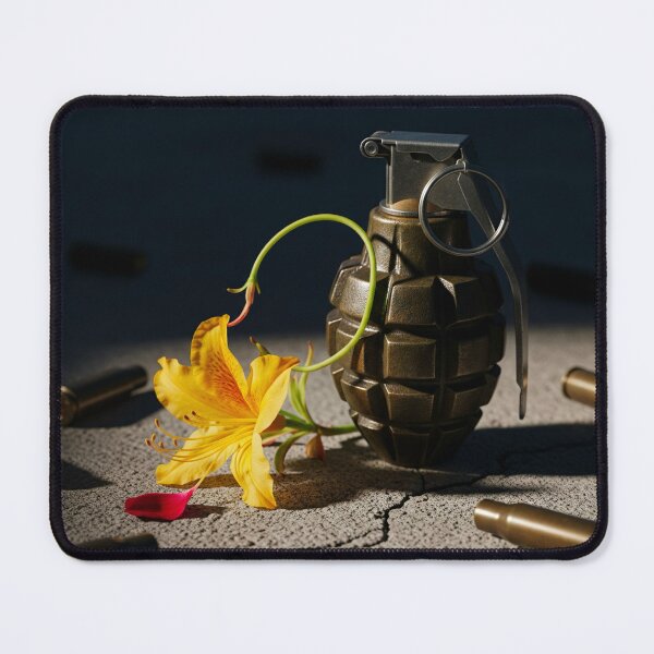 Item preview, Symbolic photorealistic still life of a grenade and a delicate yellow flower, representing the duality of beauty and danger. designed and sold by j-2k.