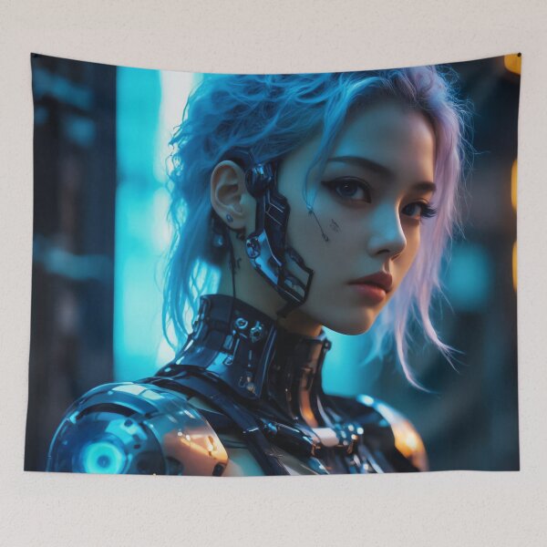 Item preview, Blonde Futuristic Cyborg Surrounded by Dreamy Blue-Violet Neon Light designed and sold by ArtiQreate.