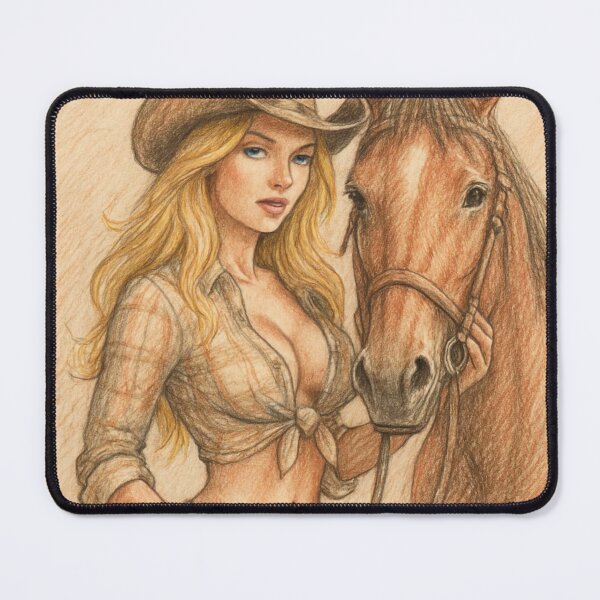 Item preview, Cowgirl pinup with her bay horse designed and sold by OnlyTheWest.