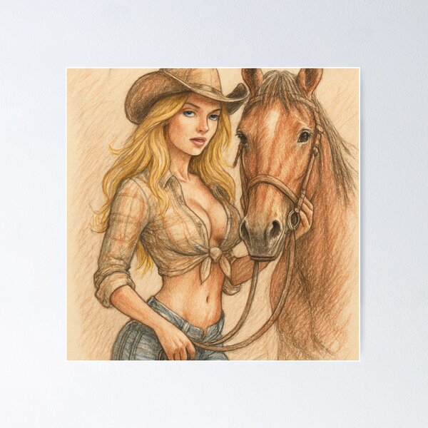Artikelvorschau, Cowgirl-Pinup mit ihrem braunen Pferd entworfen und verkauft von OnlyTheWest.