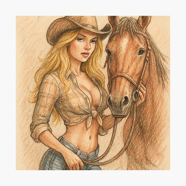 Item preview, Cowgirl pinup with her bay horse designed and sold by OnlyTheWest.