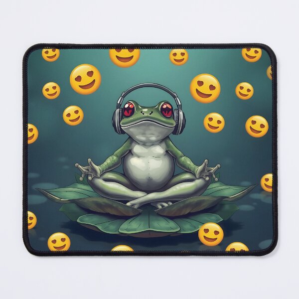 Item preview, Frog Meditating on a Lotus Leaf with Headphones, Surrounded by Floating Emojis designed and sold by Cryptics Shop.