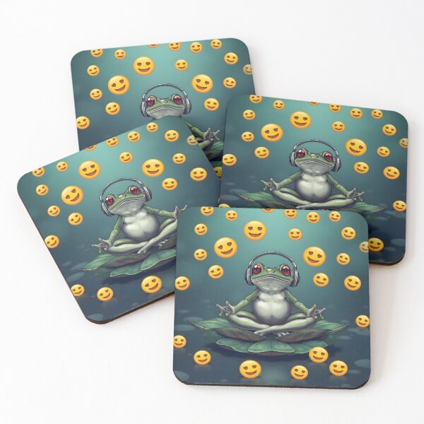 Item preview, Frog Meditating on a Lotus Leaf with Headphones, Surrounded by Floating Emojis designed and sold by Cryptics Shop.