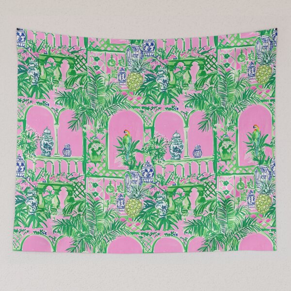 Item preview, Preppy, Grandmillennial balconies in Palm Beach in pink and green markers designed and sold by SophieClimaArt.