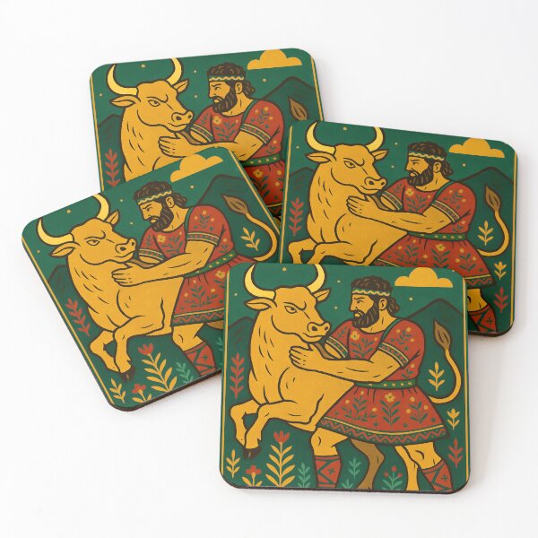 Item preview, Heracles Captures the Cretan Bull – Retro Folk Art designed and sold by mythographiaart.